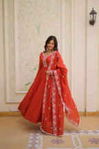 Teeya Creation Womens New Fancy Mul Chanderi With Embroidered Work Gown Set | Grocsy