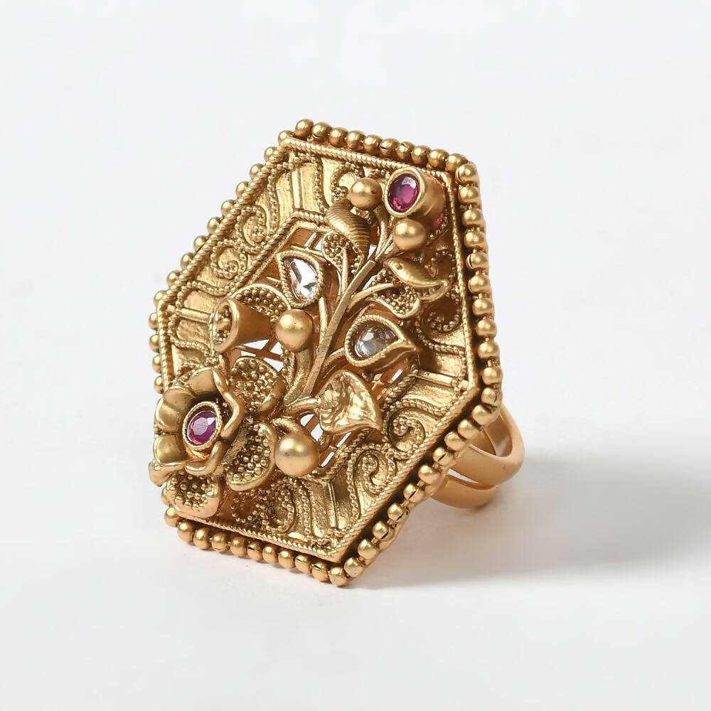 Mominos Fashion Joharkamal Gold-Polished Stone Studded Adjustable Finger Ring - Design 11 | Grocsy