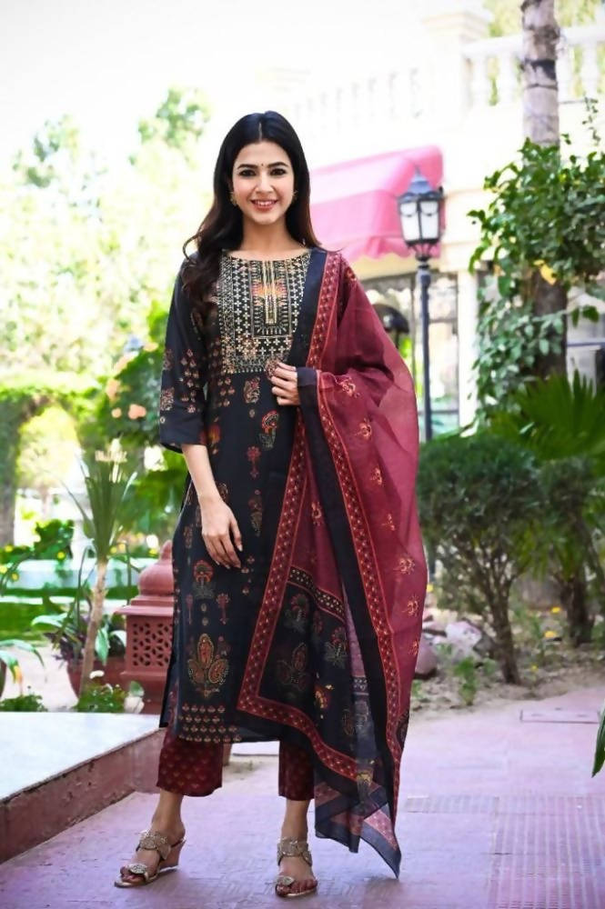 Yufta Women Black & Burgundy Printed Kurta & Trouser with Dupatta | Grocsy