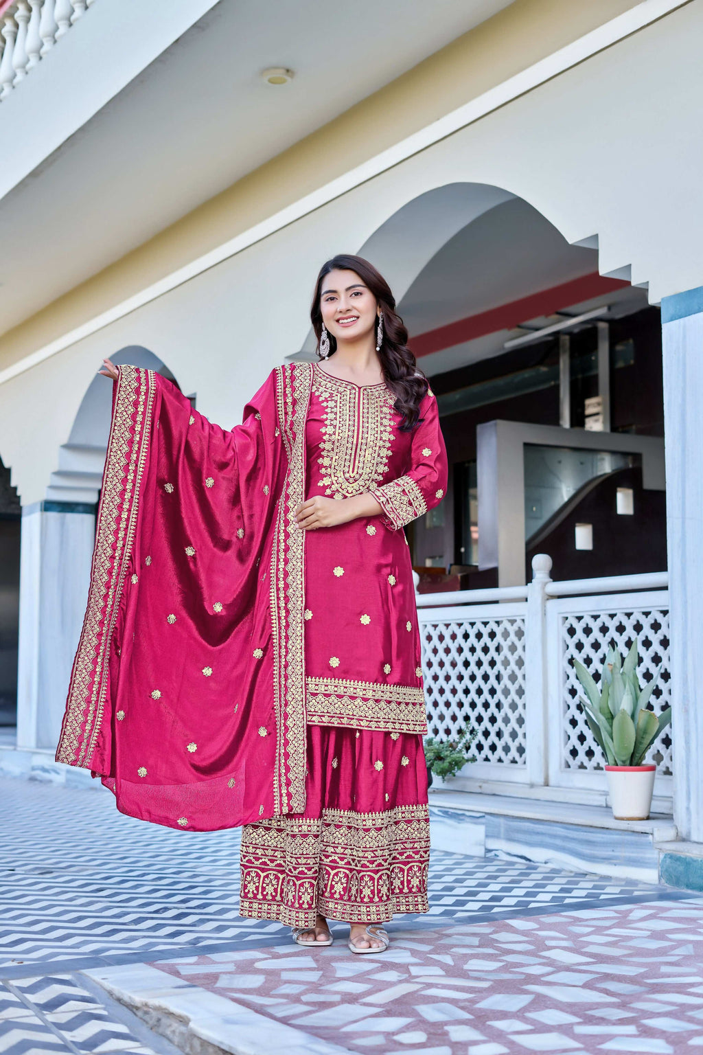 Teeya Creation Pink Color Chinon Silk Heavy Embroidery Work Wedding Wear Sharara | Grocsy