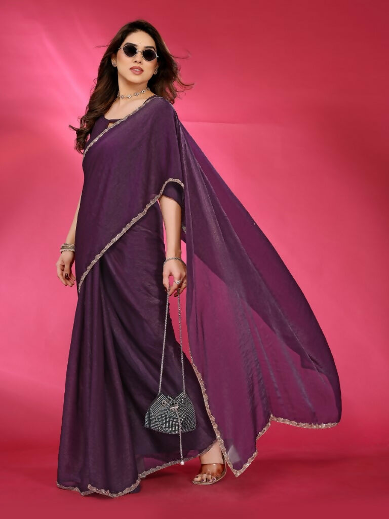 PR Fashion Wine Jimmy Choo Fabric Palin With Work Lace Saree | Grocsy