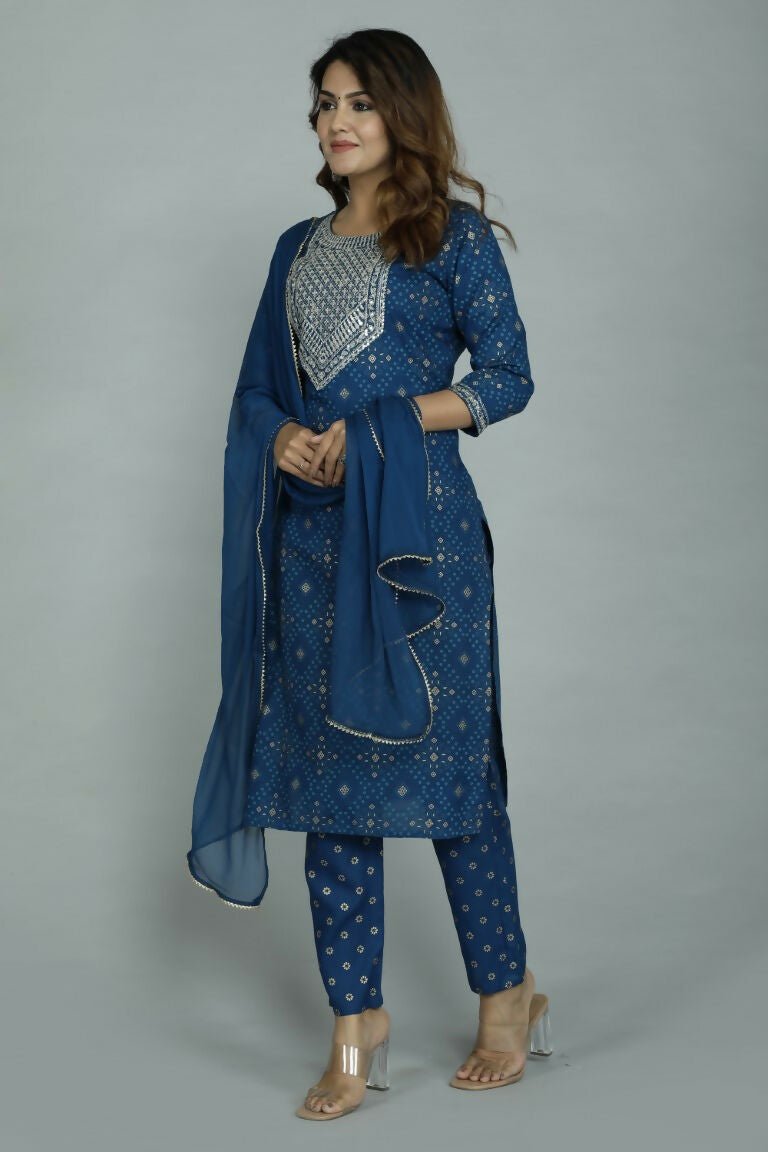 Alvano Printed Sequence Kurti with Pant and Dupatta set Rayon (Blue) | Grocsy