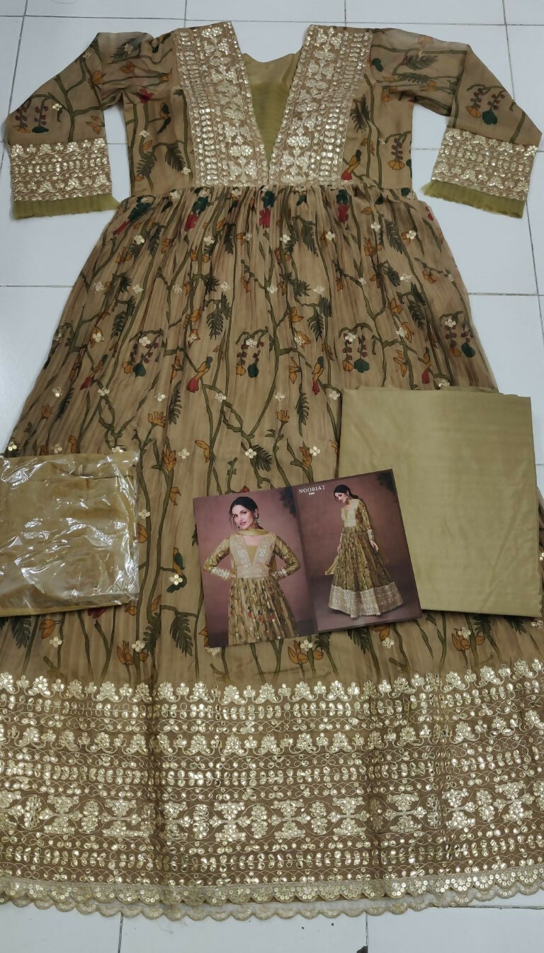 Vastranavya Green Organza Silk Floral Printed & Foil Mirror Work Anarkali Suit Set | Grocsy