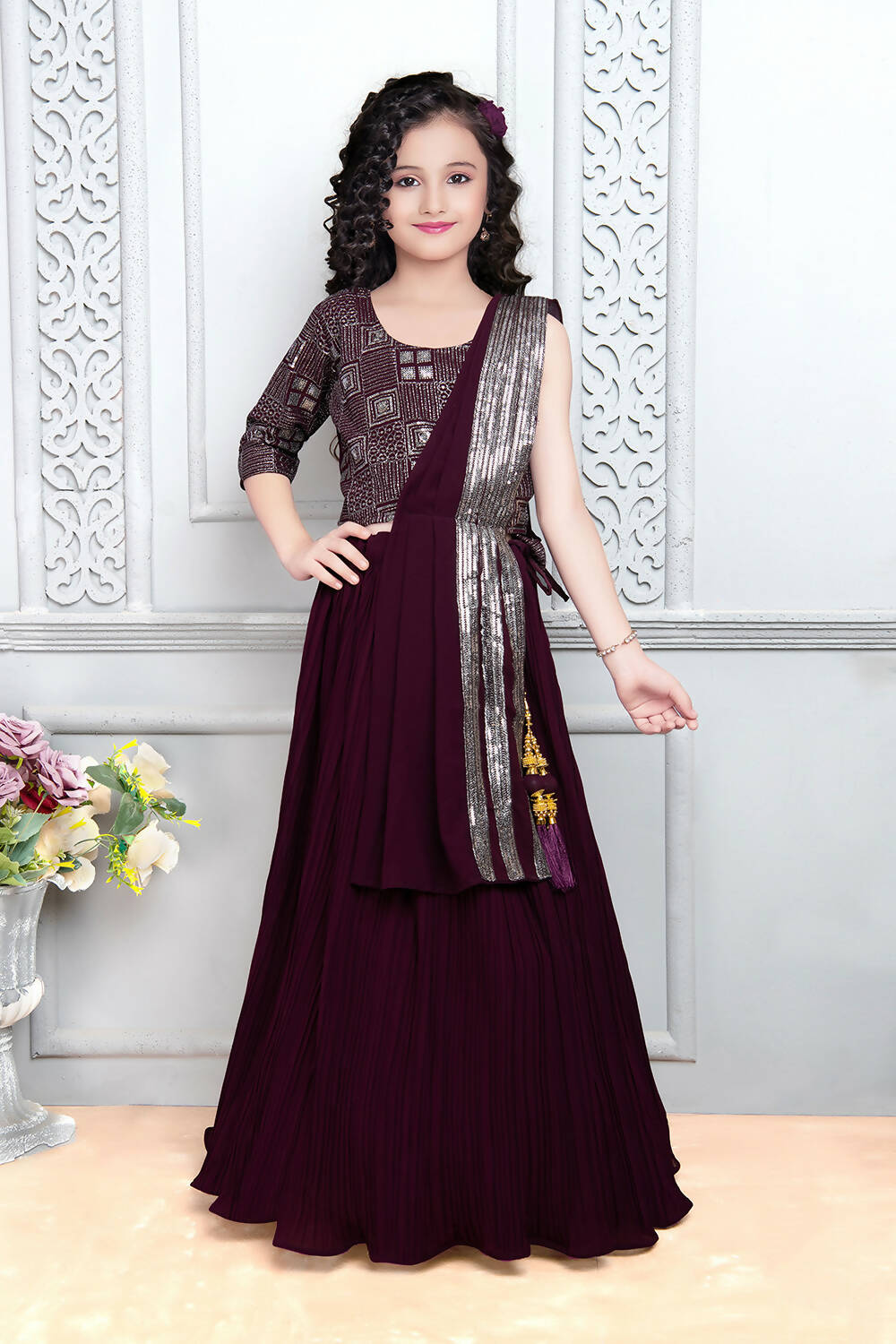 Kids Wedding Designer Wine Heavy Georgette Lehenga Choli - Aaradhna | Grocsy