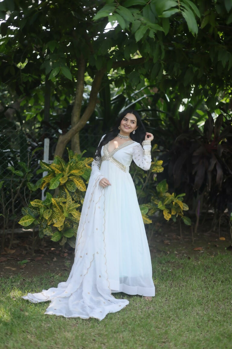 Jyoti Fashion Women's White Faux Blooming Sequins Zari Embroidered Anarkali Dress with Dupatta | Grocsy