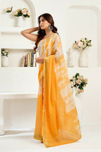 Vastranavya Yellow White Digital Printed Linen Ready To Wear Designer Saree with Unstitched Blouse | Grocsy
