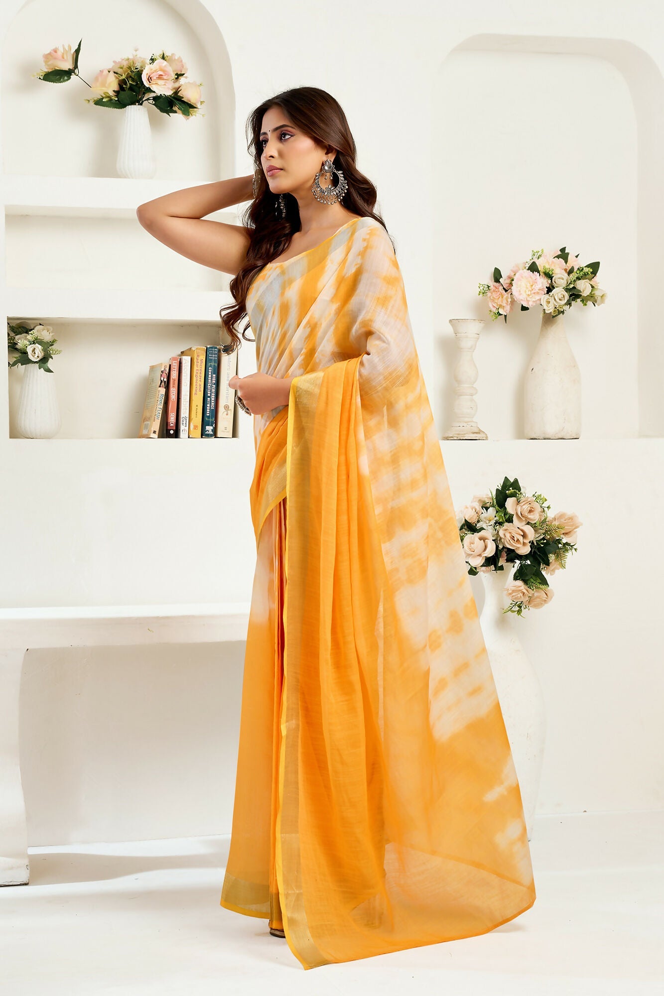 Vastranavya Yellow White Digital Printed Linen Ready To Wear Designer Saree with Unstitched Blouse | Grocsy