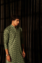 Green viscose Chikankari Embroidery Work Men's Traditional Kurta Set - Mahotsav | Grocsy