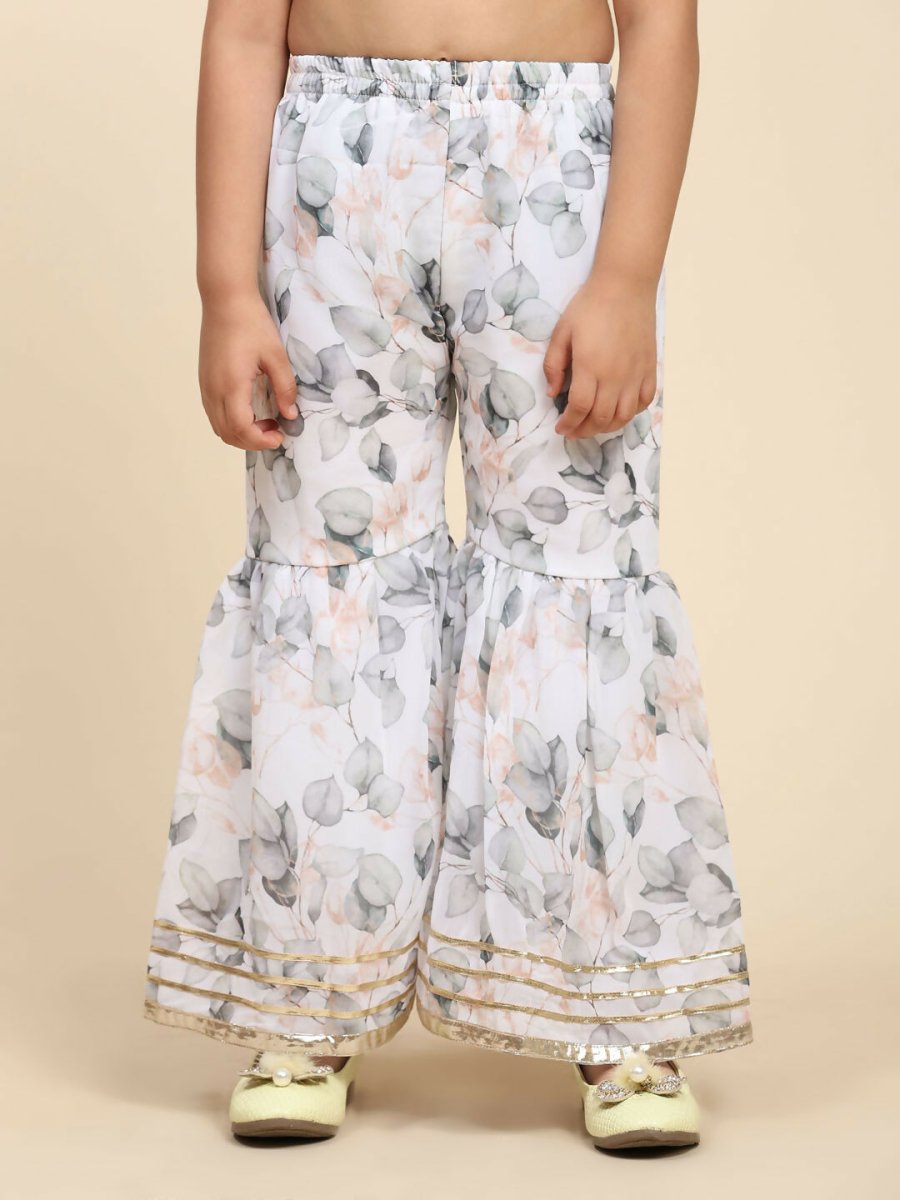 Alakhi Studio Girls Floral Georgette Printed Round-Neck Kurta With Sharara - White | Grocsy
