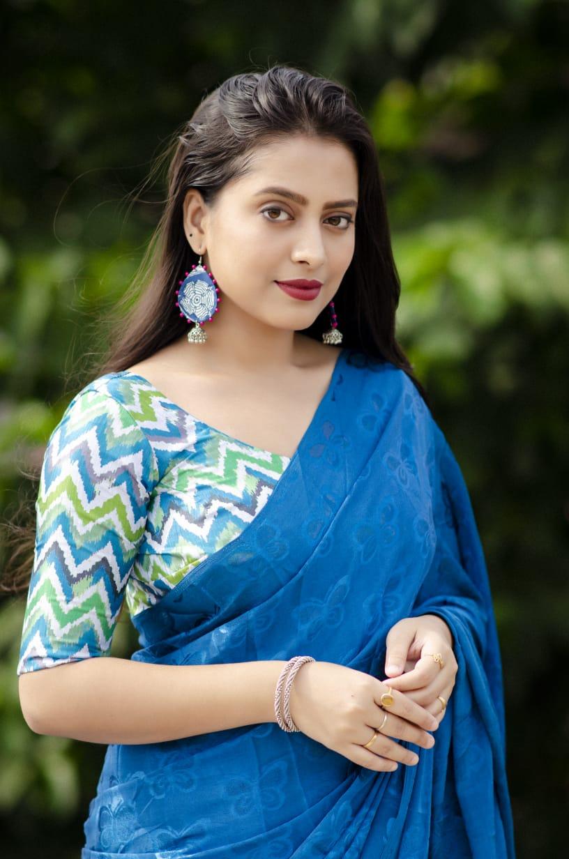 Blue Silk Blend Ethnic Motifs Saree with Unstitched Blouse - A2M | Grocsy