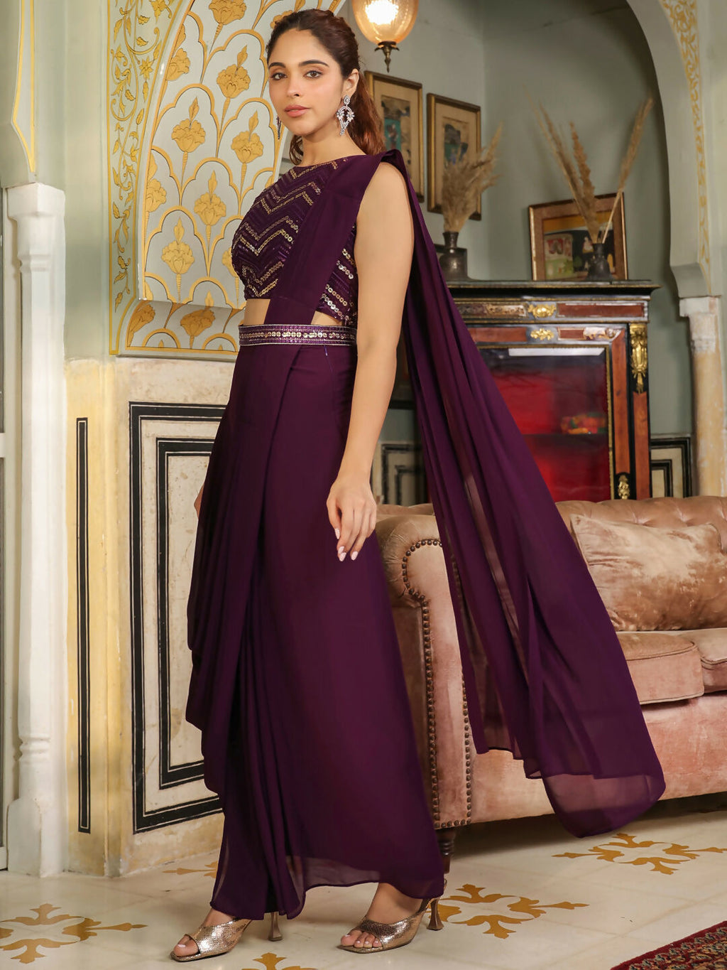 Janasya Purple Georgette Sequined Saree and Blouse | Grocsy