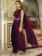 Janasya Purple Georgette Sequined Saree and Blouse | Grocsy