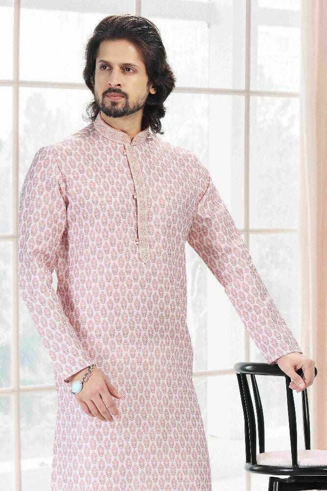 Raivat Ethnic Cotton Thread Work Kurta Pajama In Baby Pink Colour | Grocsy