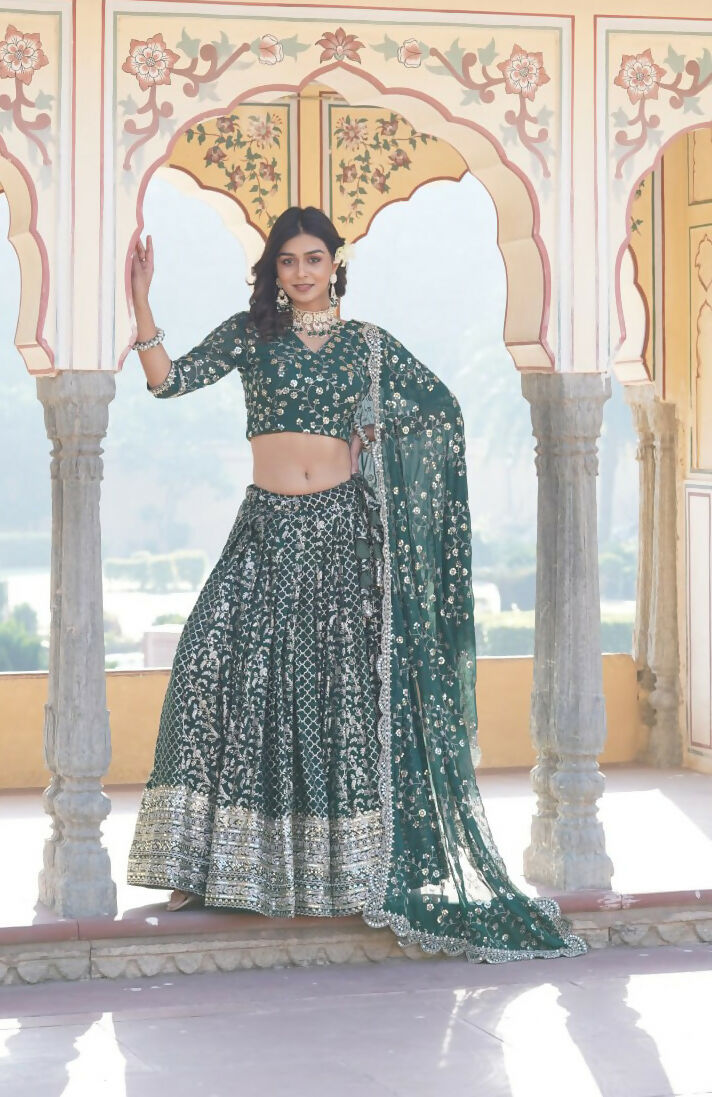 Lorenvalley Green Pure Viscose Jacquard With Embroidered Sequins work Lehenga Choli | Grocsy