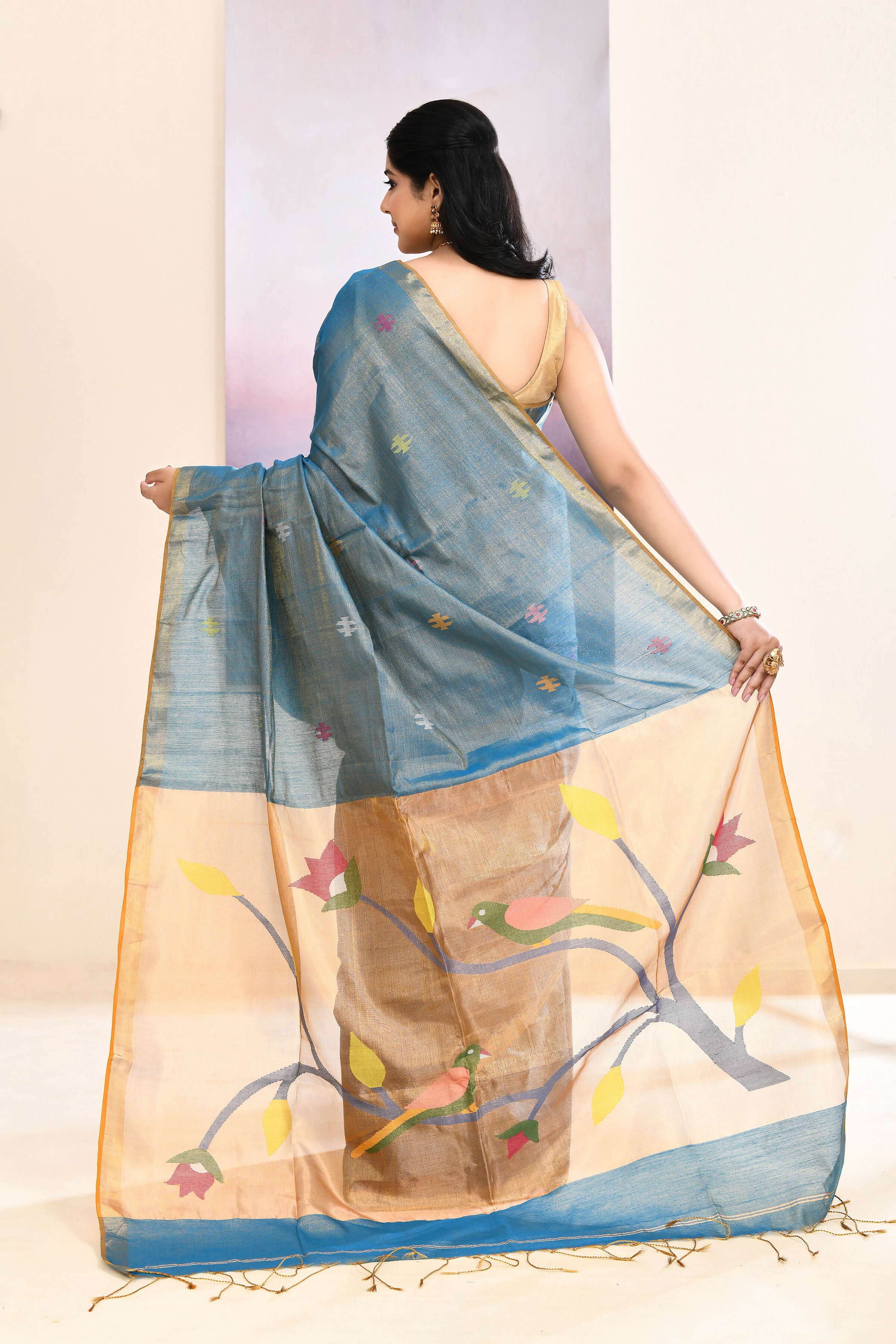 Piyari Fashion Women's Sky Blue Embellished Tissue Jamdani Saree | Grocsy