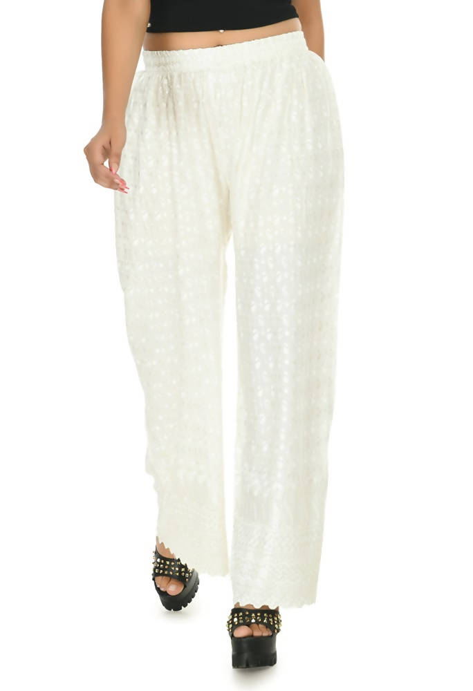 Mominos Fashion Moeza Reyon Cotton White Color Chikan Work Palazzo | Grocsy