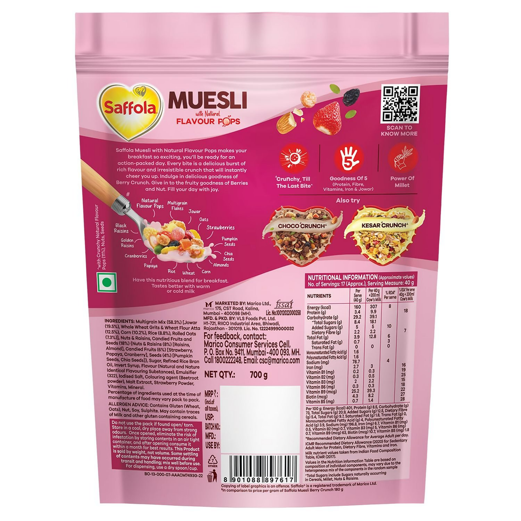 Saffola Muesli Fruit & Nut Berry Crunch with Flavour Pops | Grocsy