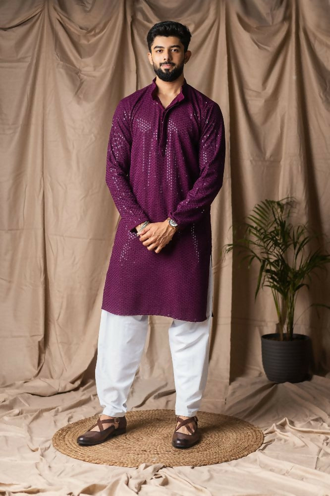 Wine Rayon Thread Embroidery Work Kurta Set - Mahotsav | Grocsy