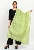 Mominos Fashion Moeza Women's Linen Cotton Silver Border Parrot Green Dupatta | Grocsy
