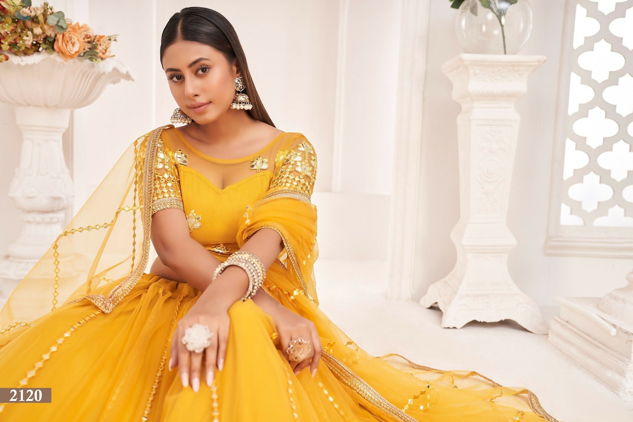 Eilara Women'S Mustard Yellow Butterfly Net Thread And Zari Sequence Embroidered Work Lehenga Choli For Party Wear | Grocsy