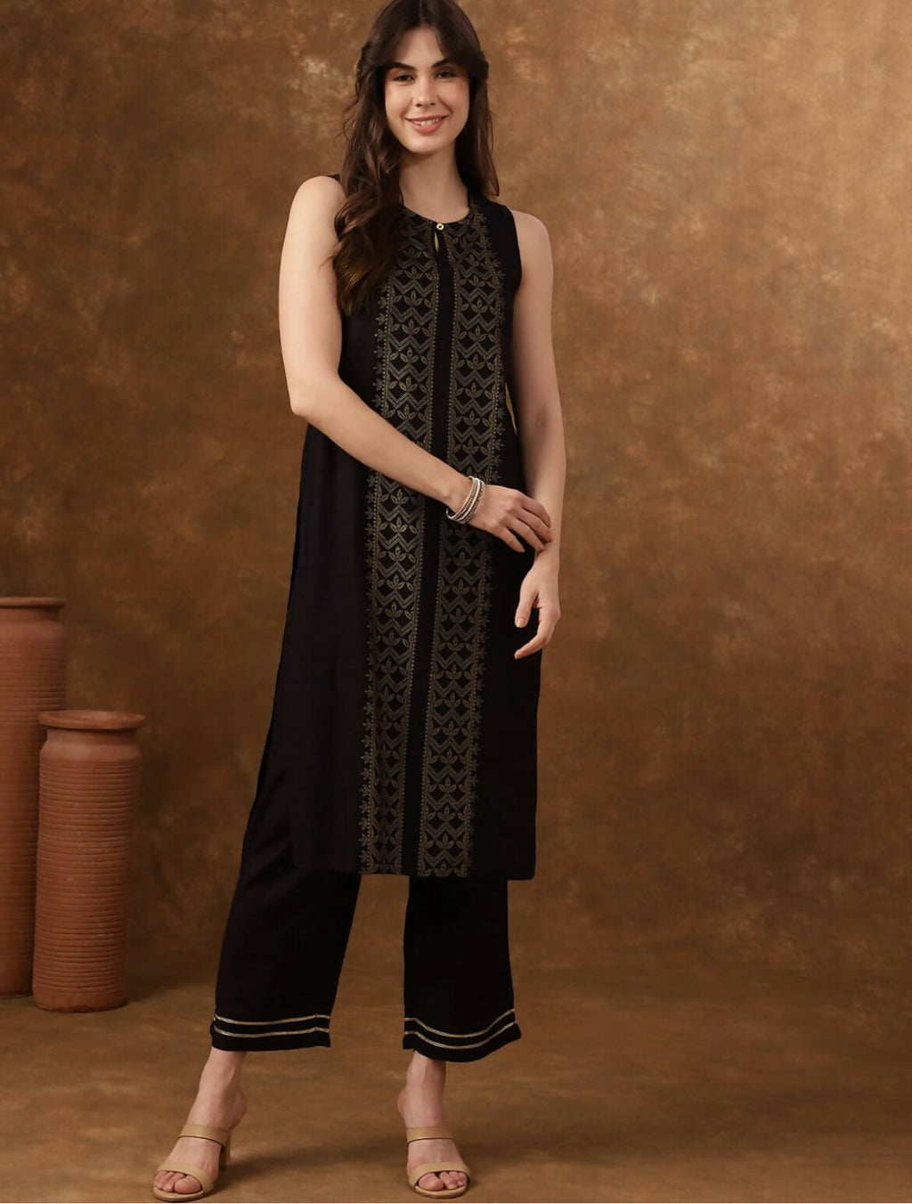 Cheera Women Stylish Hand Block Printed Cotton Blend Flared Kurta - Black | Grocsy