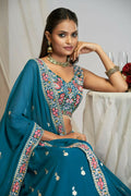 Teal Blue Georgette Thread Sequence Embroidery Work Lehnga Choli - Jihu Culture | Grocsy
