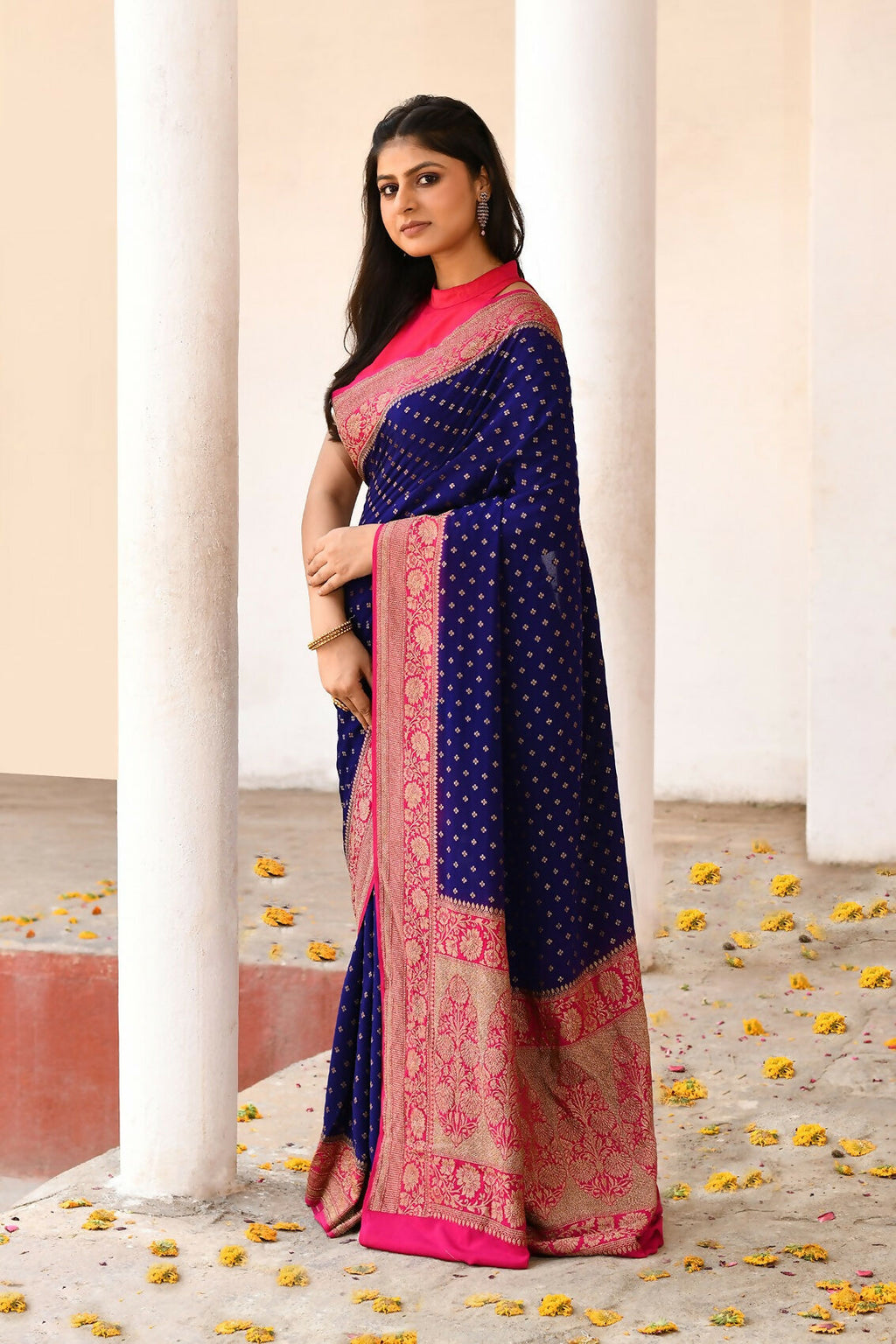 Joban Fashion Navy Blue Crepe Chiffon Pure Handloom Banarasi Silk Saree | Grocsy