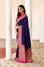 Joban Fashion Navy Blue Crepe Chiffon Pure Handloom Banarasi Silk Saree | Grocsy