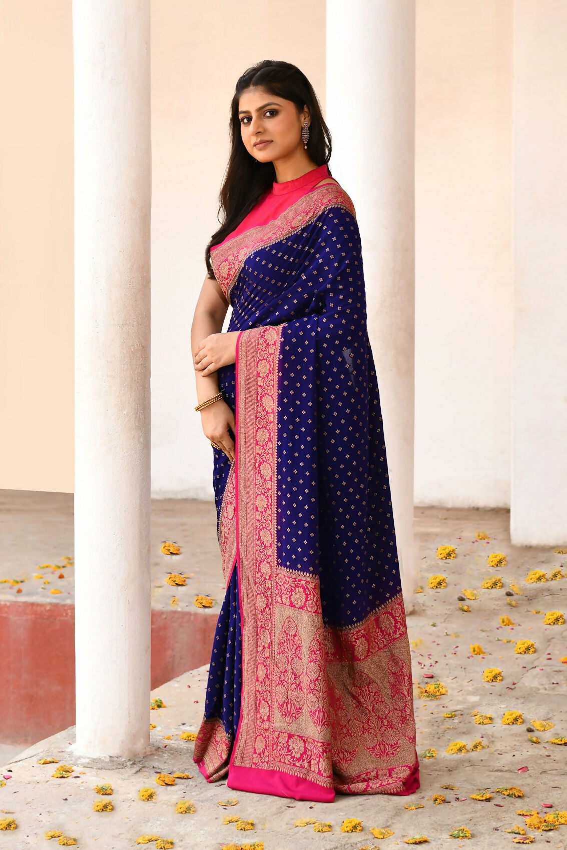 Joban Fashion Navy Blue Crepe Chiffon Pure Handloom Banarasi Silk Saree | Grocsy