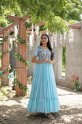 Jyoti Fashion Women's Sky Blue Sequins Thread Embroidery Faux Georgette Anarkali Dress | Grocsy