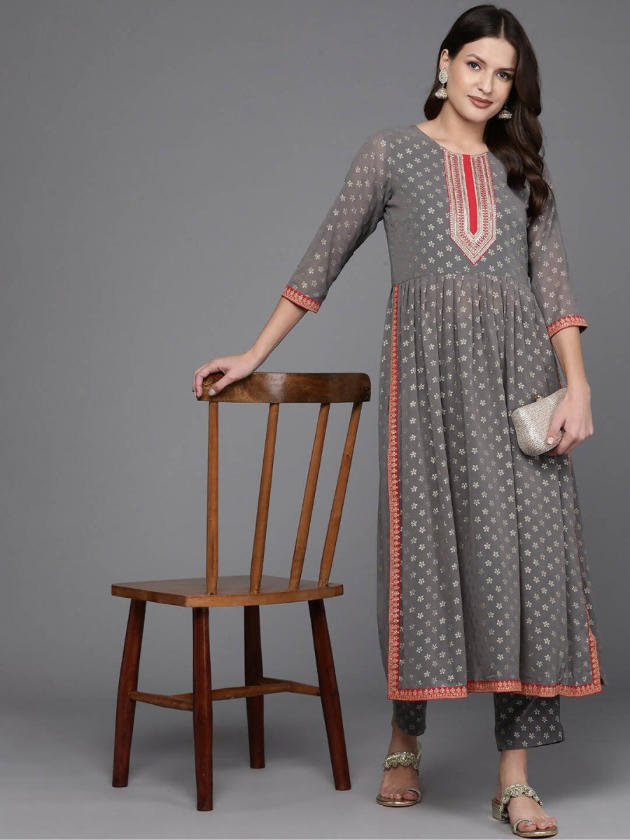 Ahalyaa Women Ethnic Motifs Printed Pleated Sequinned Kurta with Trousers - Grey Color | Grocsy