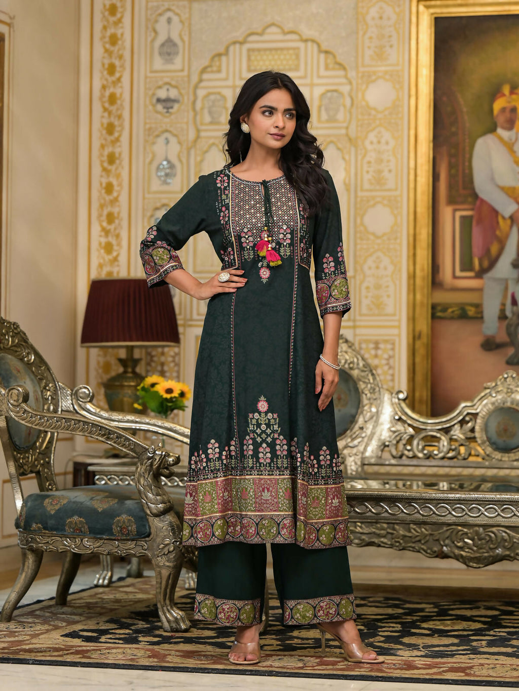 Juniper Women's Green Floral Printed Rayon Kurta Pant With Dupatta Set With Thread Work & Tassels | Grocsy