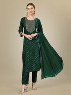 Jyoti Fashion Women's Dark Green Silk Blend Embroidery & Sequence work Kurta with Trouser & Dupatta | Grocsy