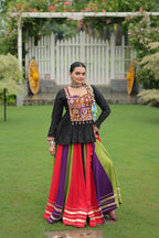 Teeya Creation Multi Colour Reyon Silk Gamathi Work Navratri lehenga Choli | Grocsy