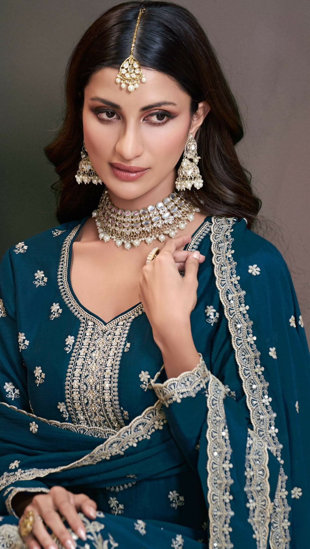 Anaita Teal Green Chinon Embroidered Thread Work Stitched Salwar Suit | Grocsy