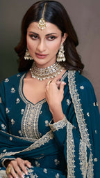 Anaita Teal Green Chinon Embroidered Thread Work Stitched Salwar Suit | Grocsy