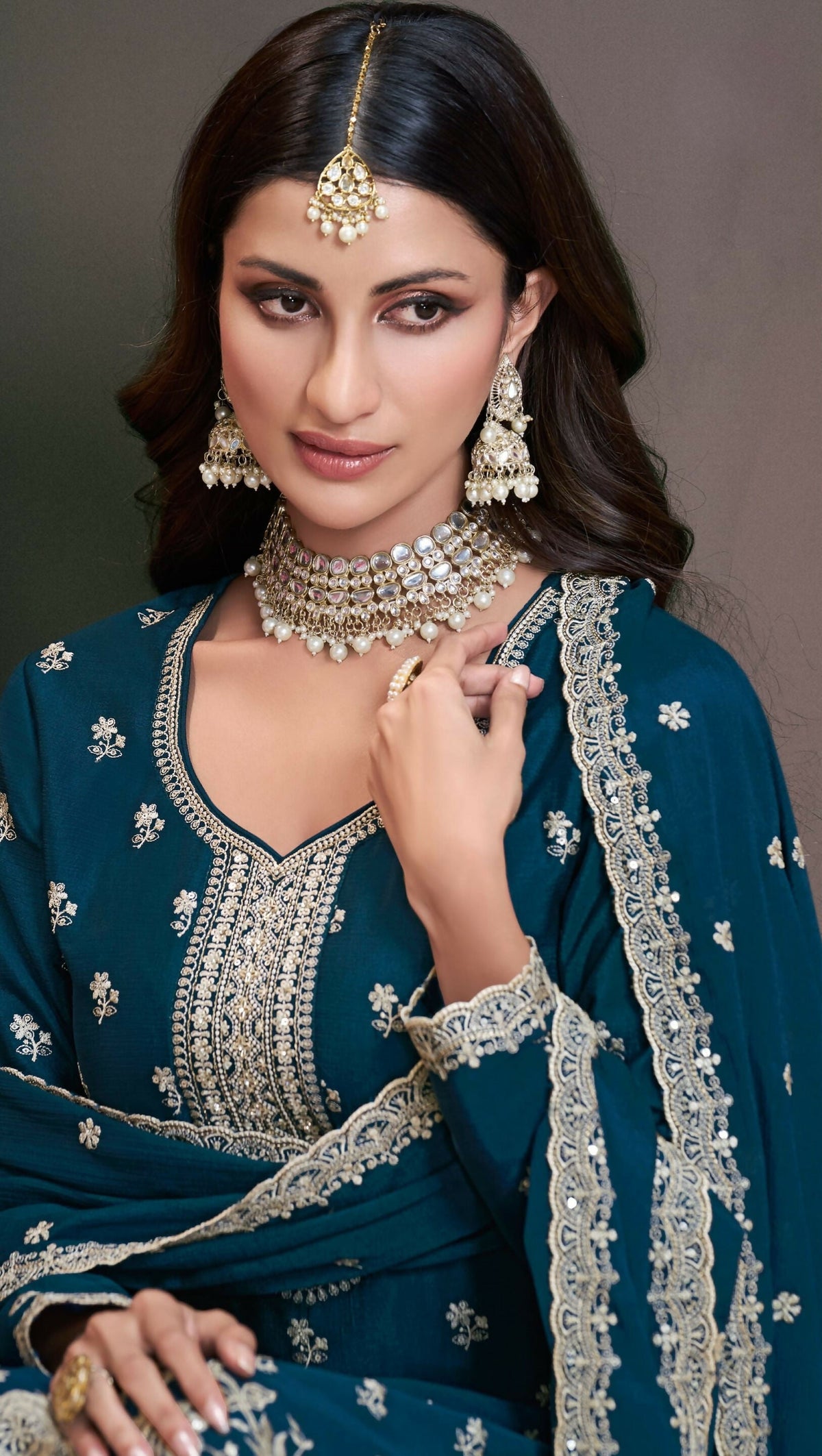 Anaita Teal Green Chinon Embroidered Thread Work Stitched Salwar Suit | Grocsy