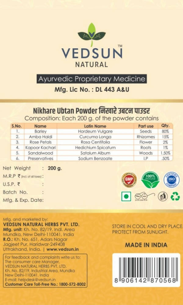 Vedsun Naturals Nikhare Ubtan Powder for Face and Skin | Grocsy