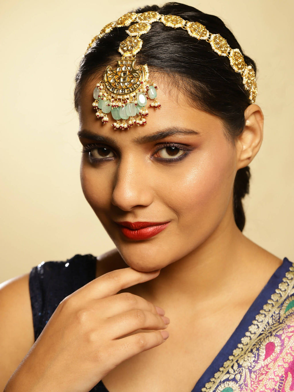 Gold-Polished White Blue Kundan-Studded Pearl Beaded Matha Patti - Ruby Raang | Grocsy