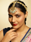 Gold-Polished White Blue Kundan-Studded Pearl Beaded Matha Patti - Ruby Raang | Grocsy
