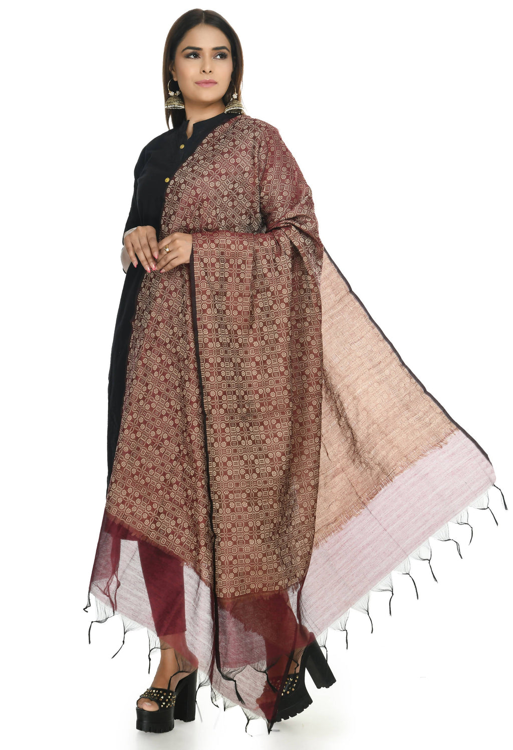 Mominos Fashion Moeza Handloom Cotton Dark Maroon Dupatta | Grocsy