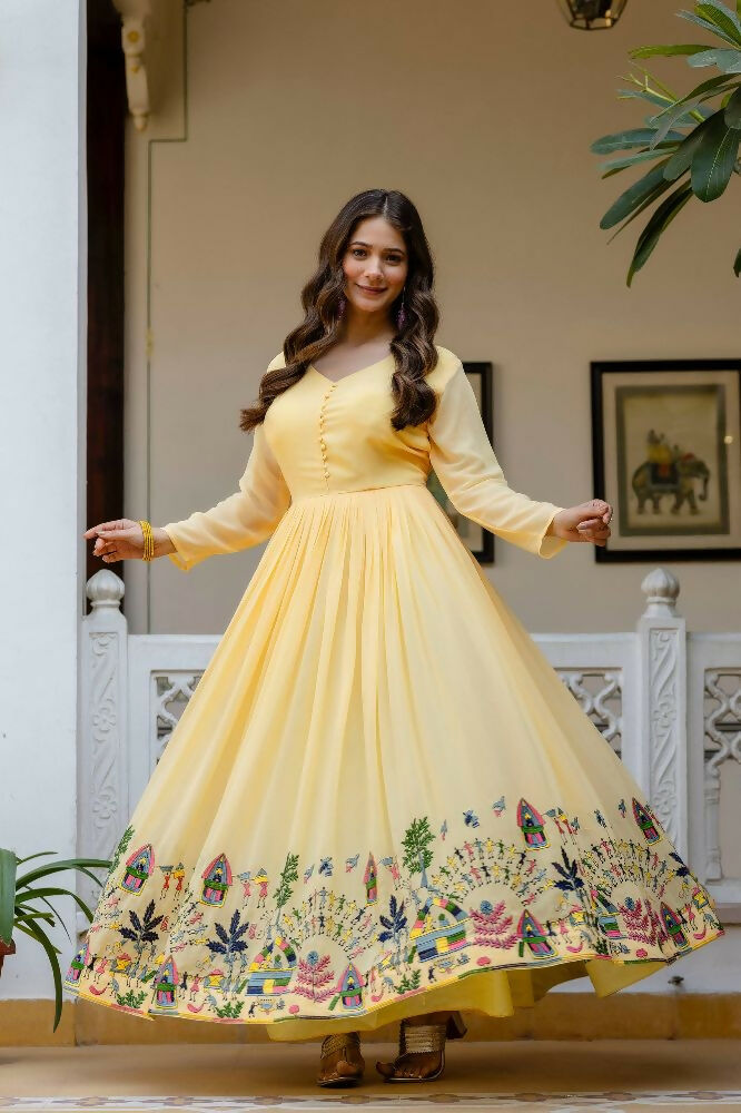Teeya Creation Yellow Color Faux Georgette Heavy Embroidery Work Party Wear Long Gown | Grocsy