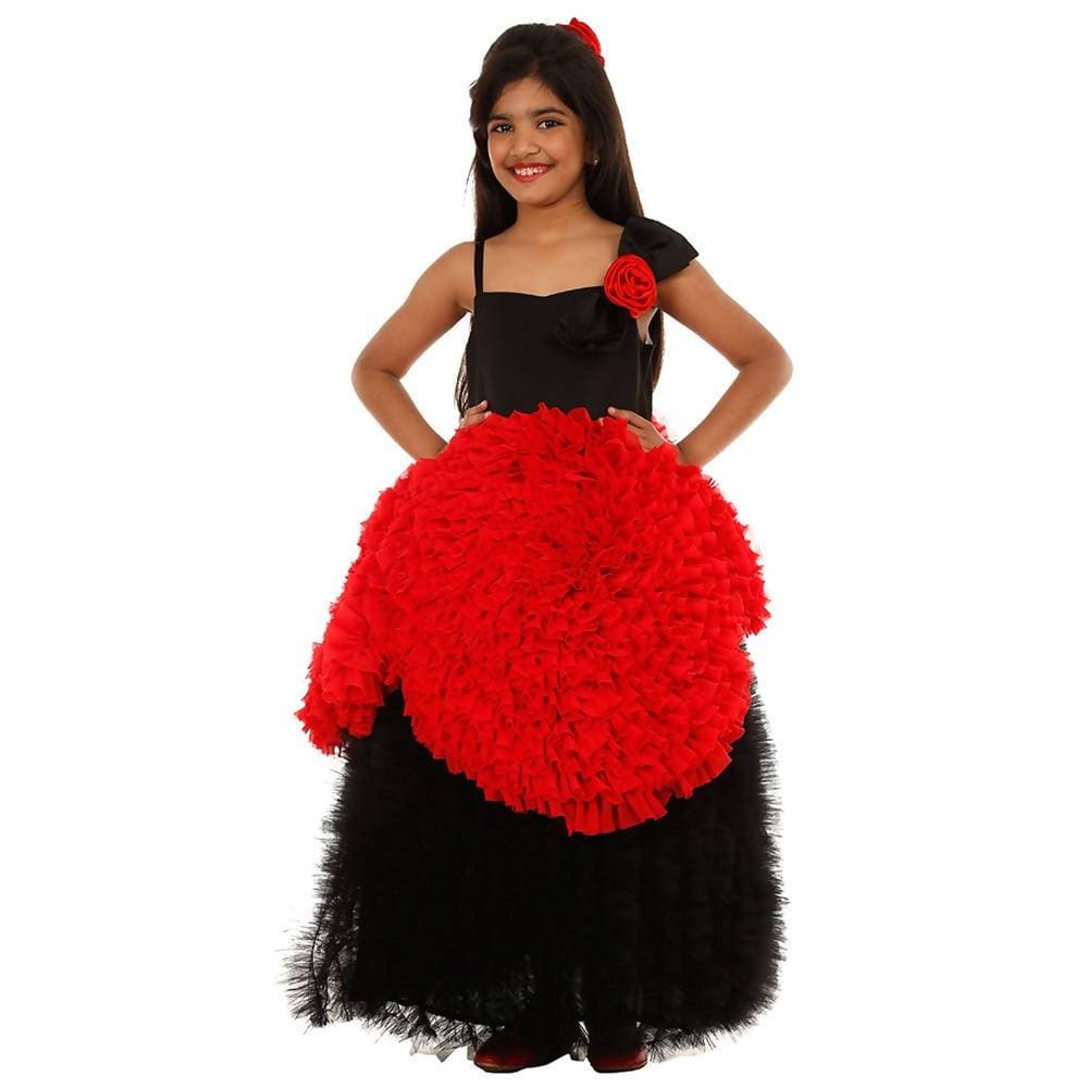 Asmaani Baby Girl's Red & Black Colour Satin A-Line Maxi Full Length Dress (AS-DRESS-22072) | Grocsy