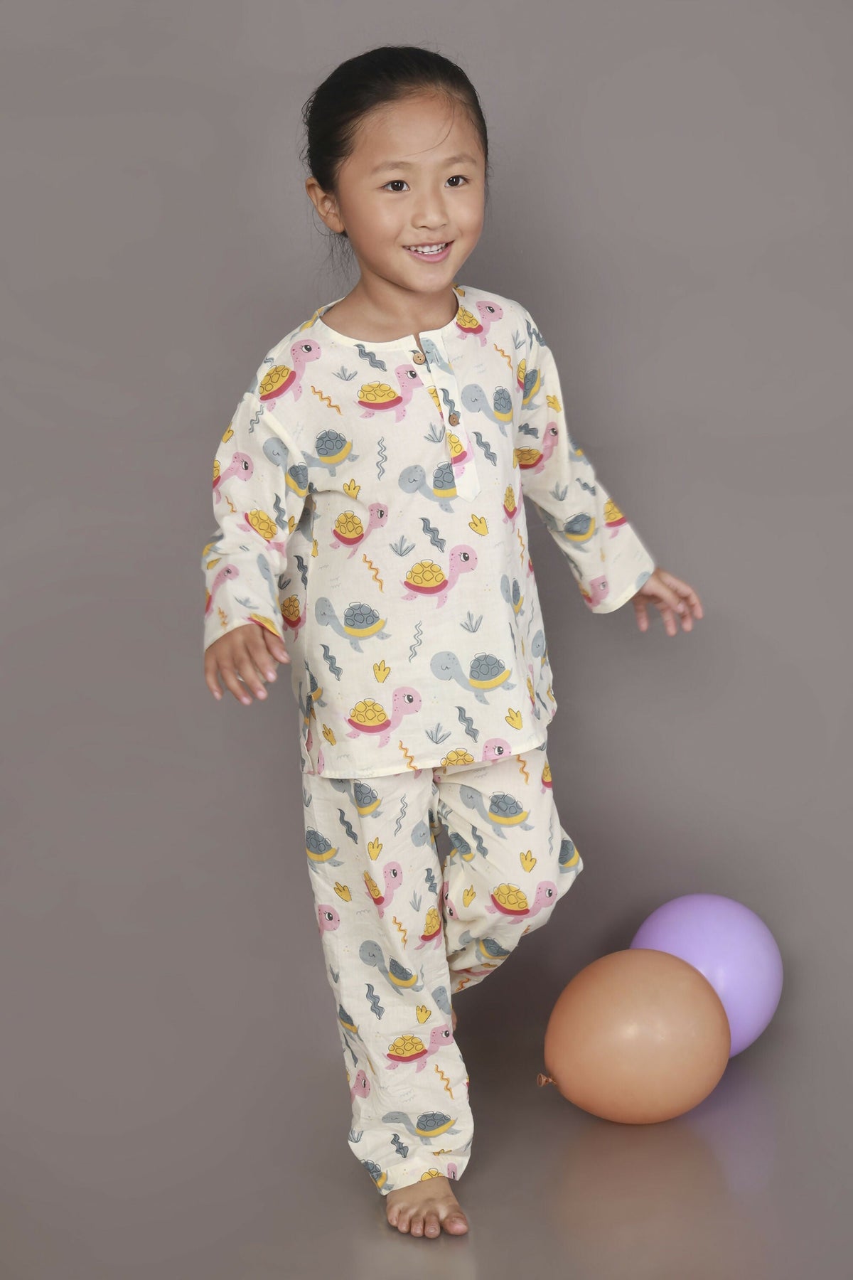 Breathables Kids Cotton Turtle Print Co-Ord Night Suit – White & Multi-Color | Grocsy