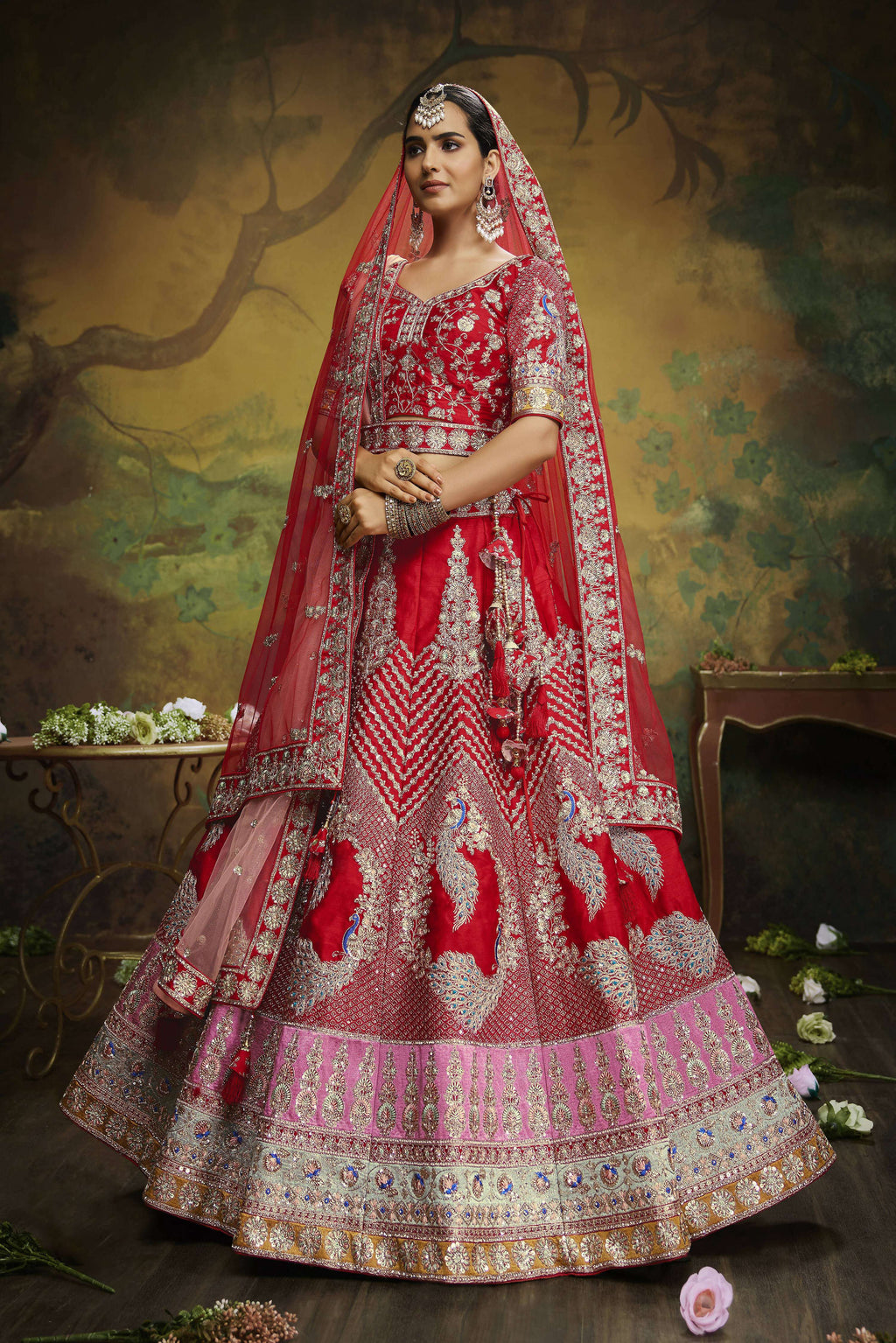 House of Panchhi Red Pure Silk Moti & Zarkan heavy embroidery Lehenga choli & Dupatta | Grocsy