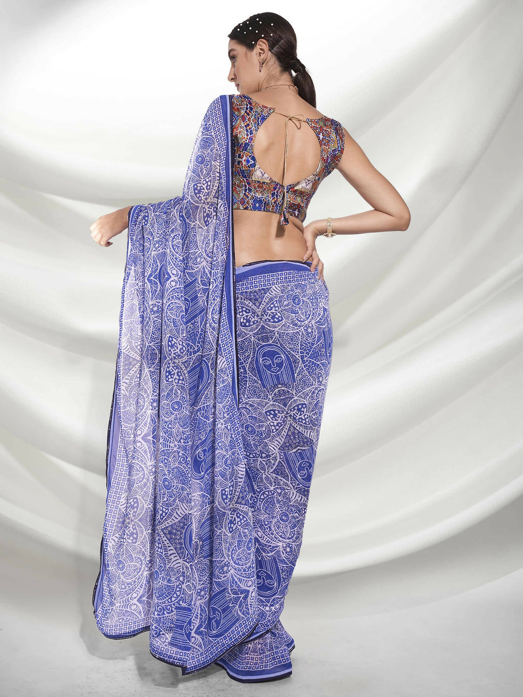 Blue Georgette Floral Printed Saree With Unstitched Blouse Piece - Rajal | Grocsy