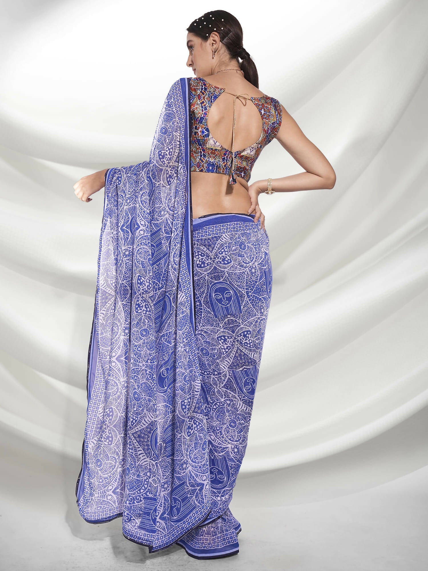 Blue Georgette Floral Printed Saree With Unstitched Blouse Piece - Rajal | Grocsy