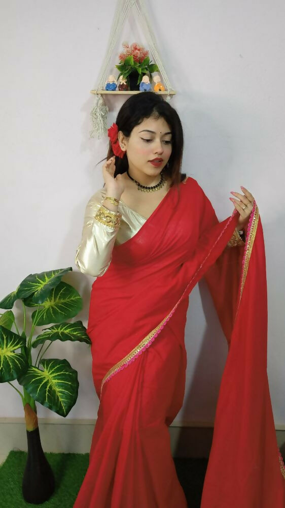 Exclusive Collection Beautiful Khadi Cotton Handloom Saree With Beautiful Zari Border - Red | Grocsy