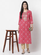 Myshka Women Red Viscose Printed 3/4 Sleeve Round Neck Kurta | Grocsy