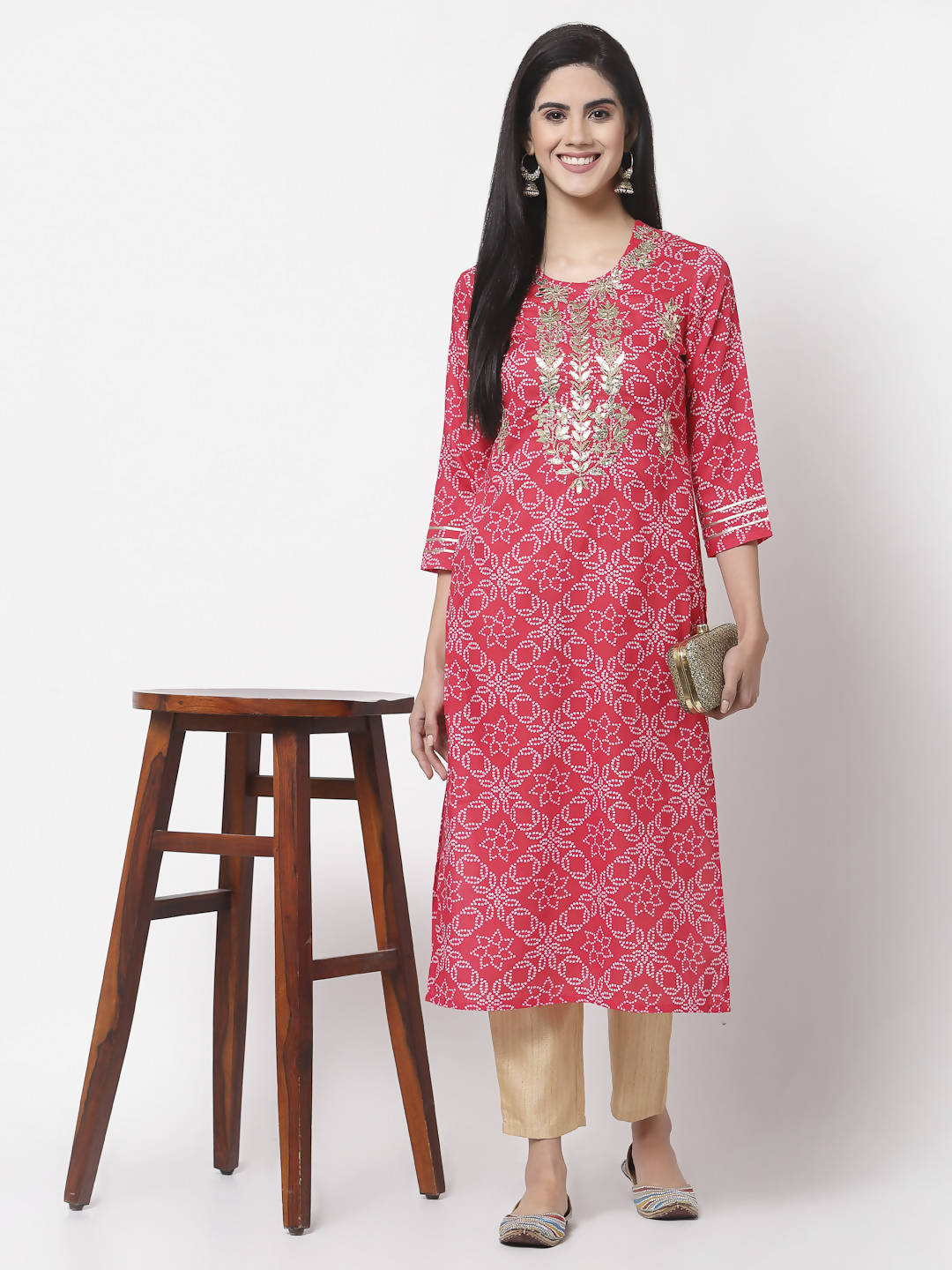 Myshka Women Red Viscose Printed 3/4 Sleeve Round Neck Kurta | Grocsy